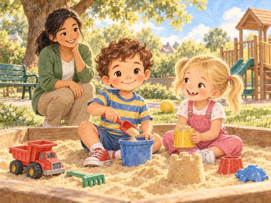 Henry and Mia build sandcastles together beside a red toy truck at the playground