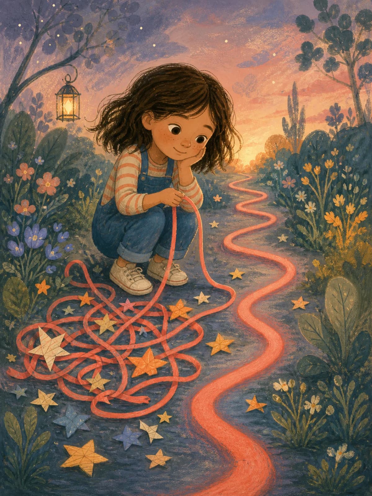 Nora crouches at the start of a winding coral path, holding one end of a tangled ribbon covered in paper stars