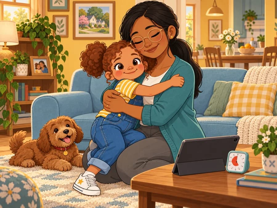 Sarah hugs her mom on the couch after putting down her tablet