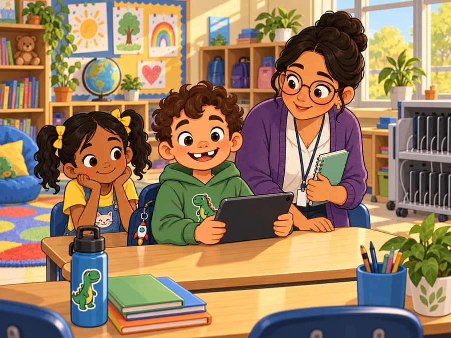 Tommy holds a tablet beside his teacher and a classmate